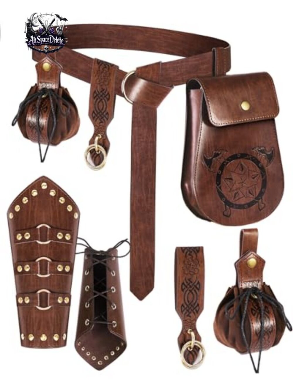 Renaissance Accessories Medieval Faux Leather Belt Bracers Pouch Set